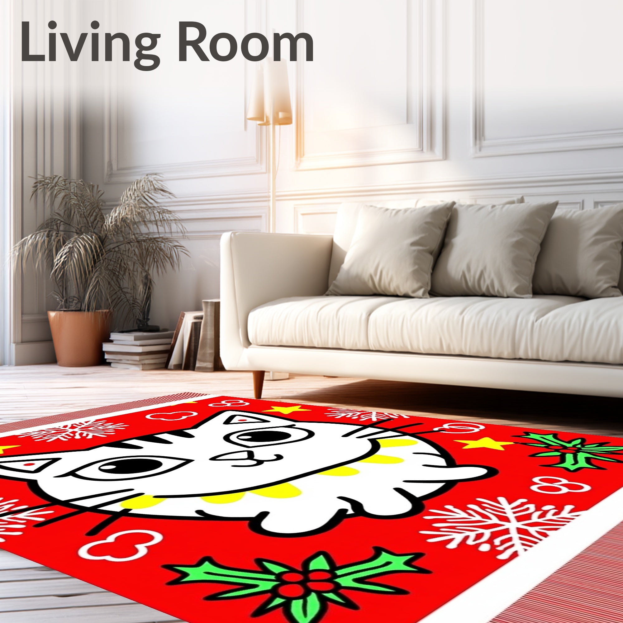 Cute White Christmas Cat Holly Snowflakes Rug