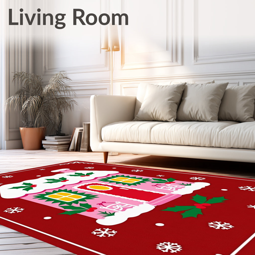 Whimsical Pink Gingerbread House Christmas Rug