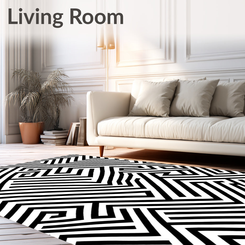 Black White Geometric Labyrinth Rug