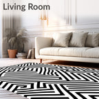 Black White Geometric Labyrinth Rug