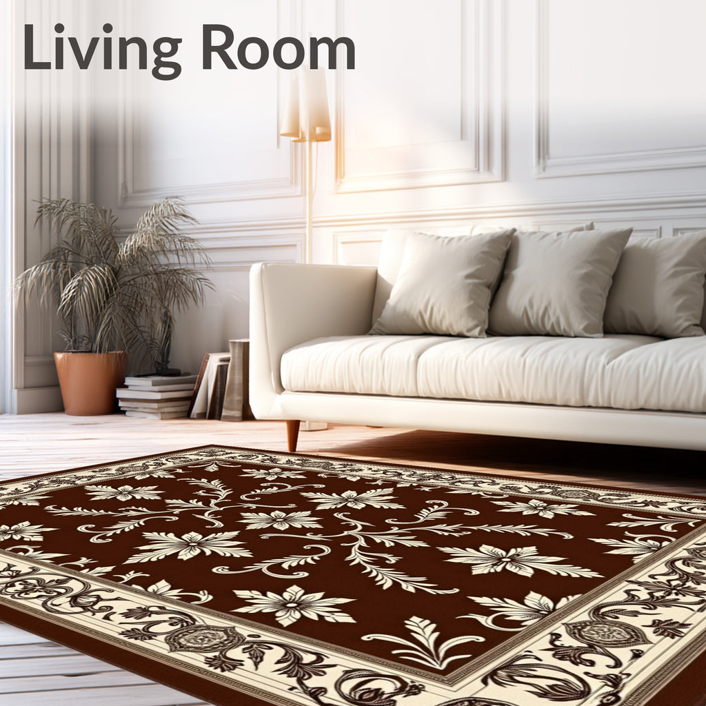 Rich Brown Floral Scroll Medallion Rug