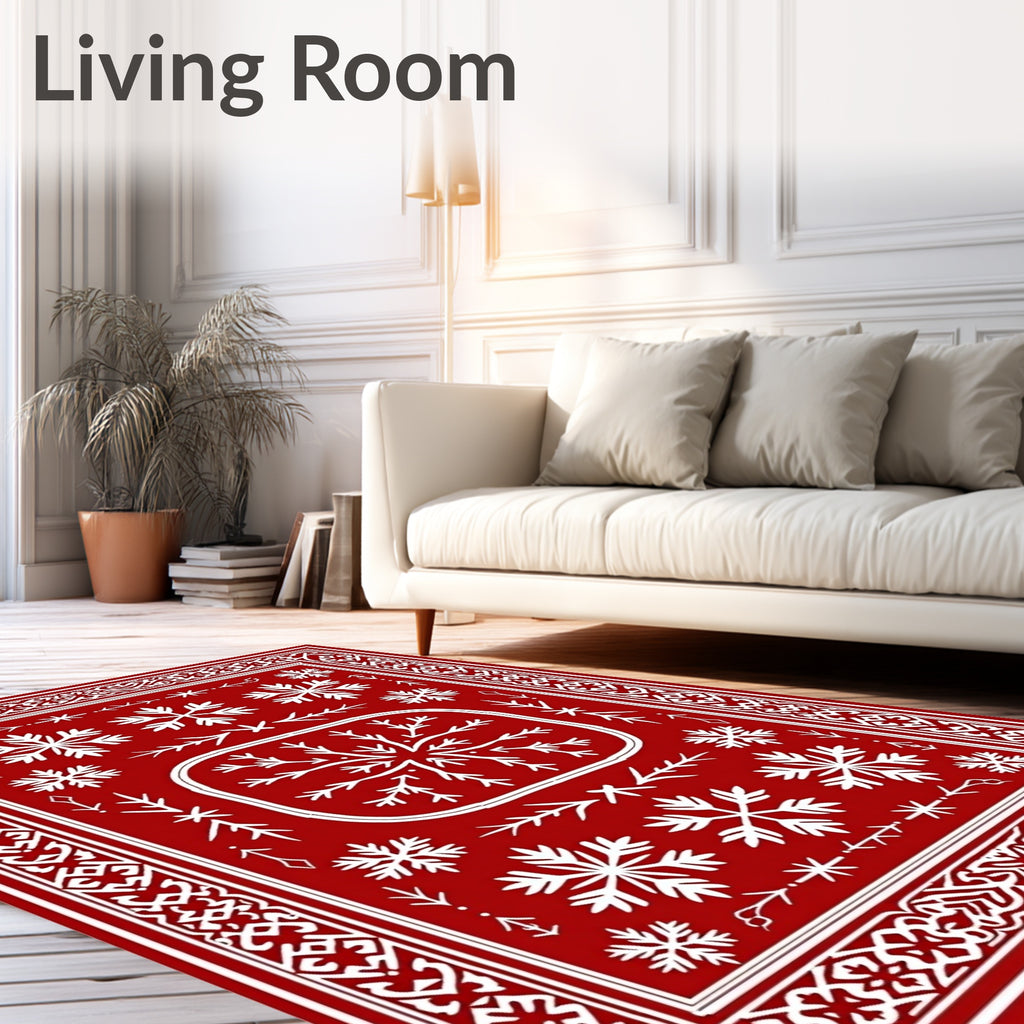 Crimson Snowflake Folk Art Border Rug