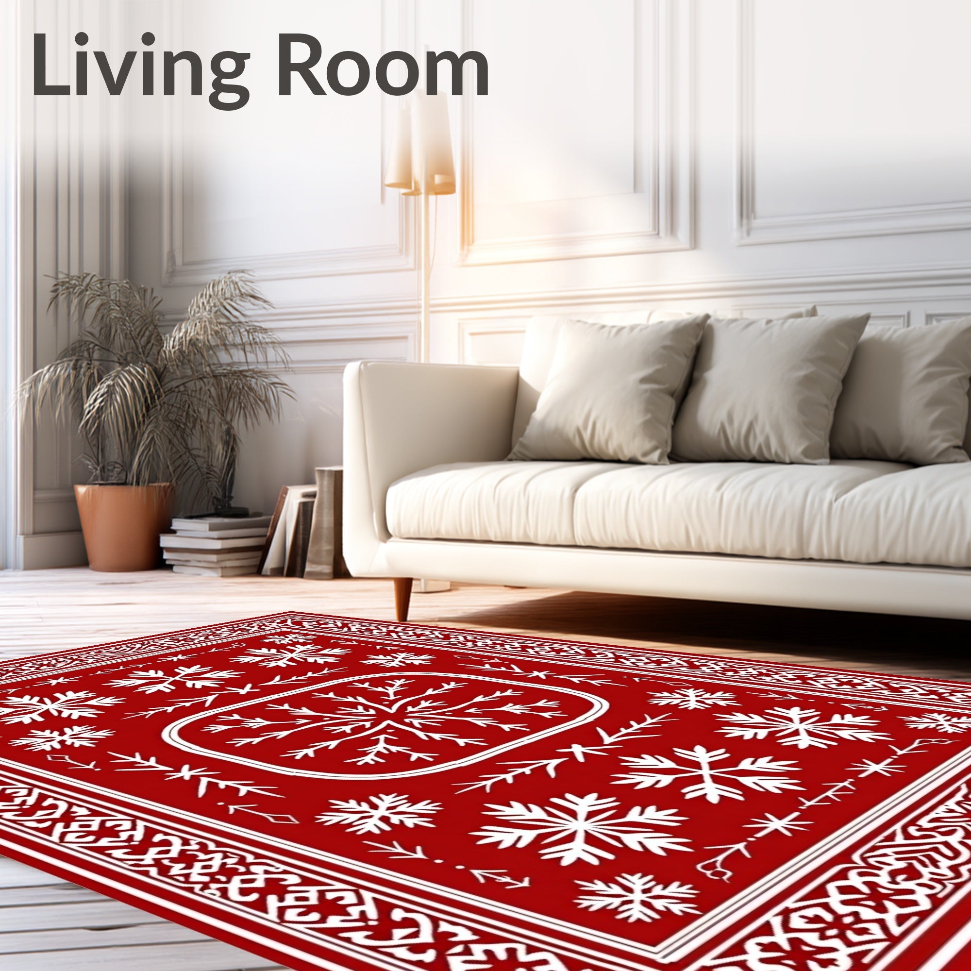 Crimson Snowflake Folk Art Border Rug