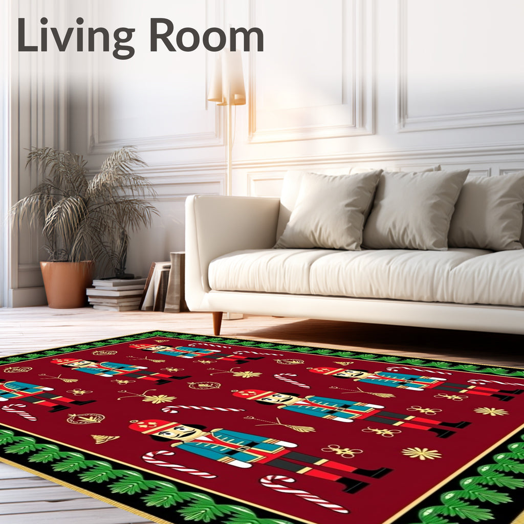 Festive Nutcrackers Red Christmas Scene Rug
