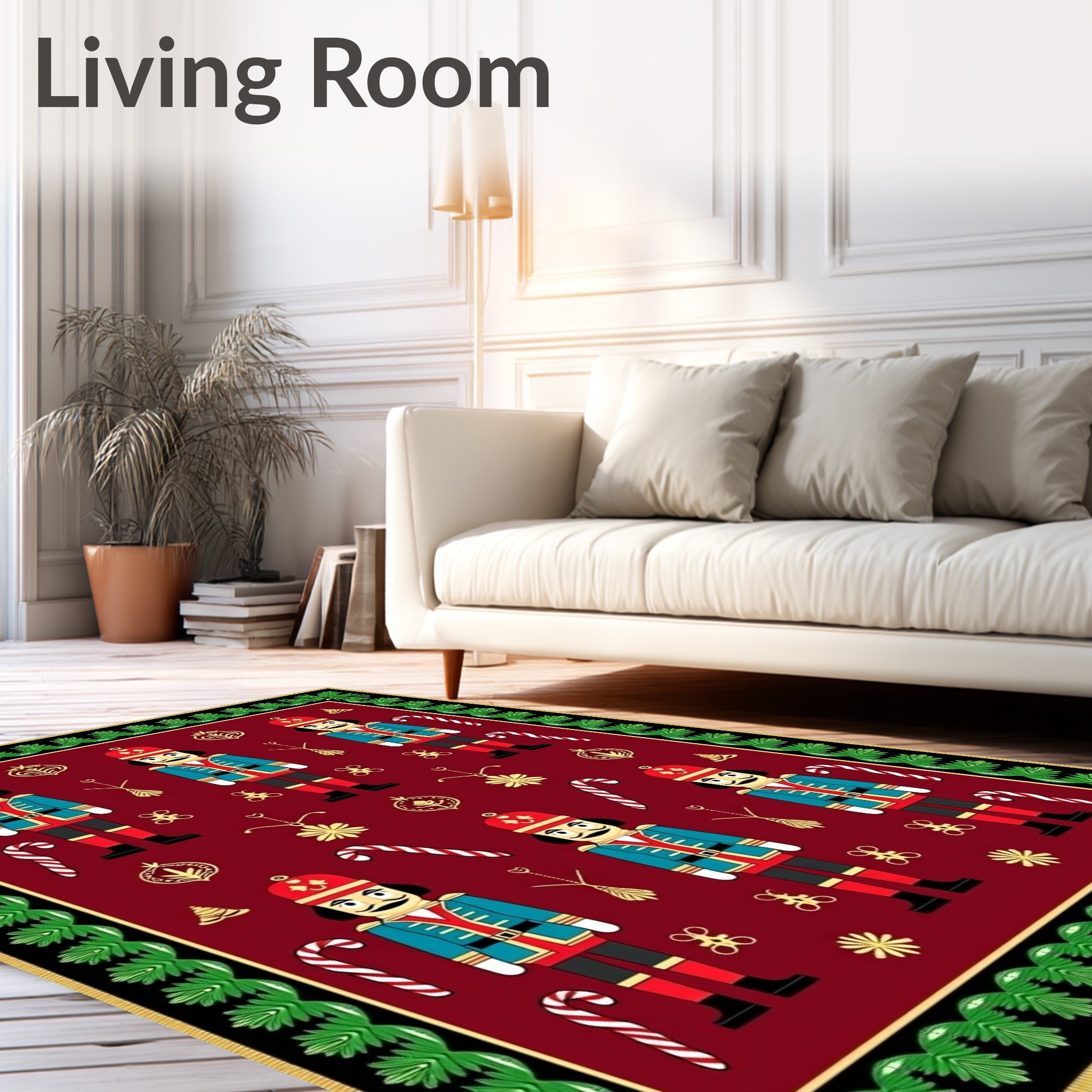 Festive Nutcrackers Red Christmas Scene Rug