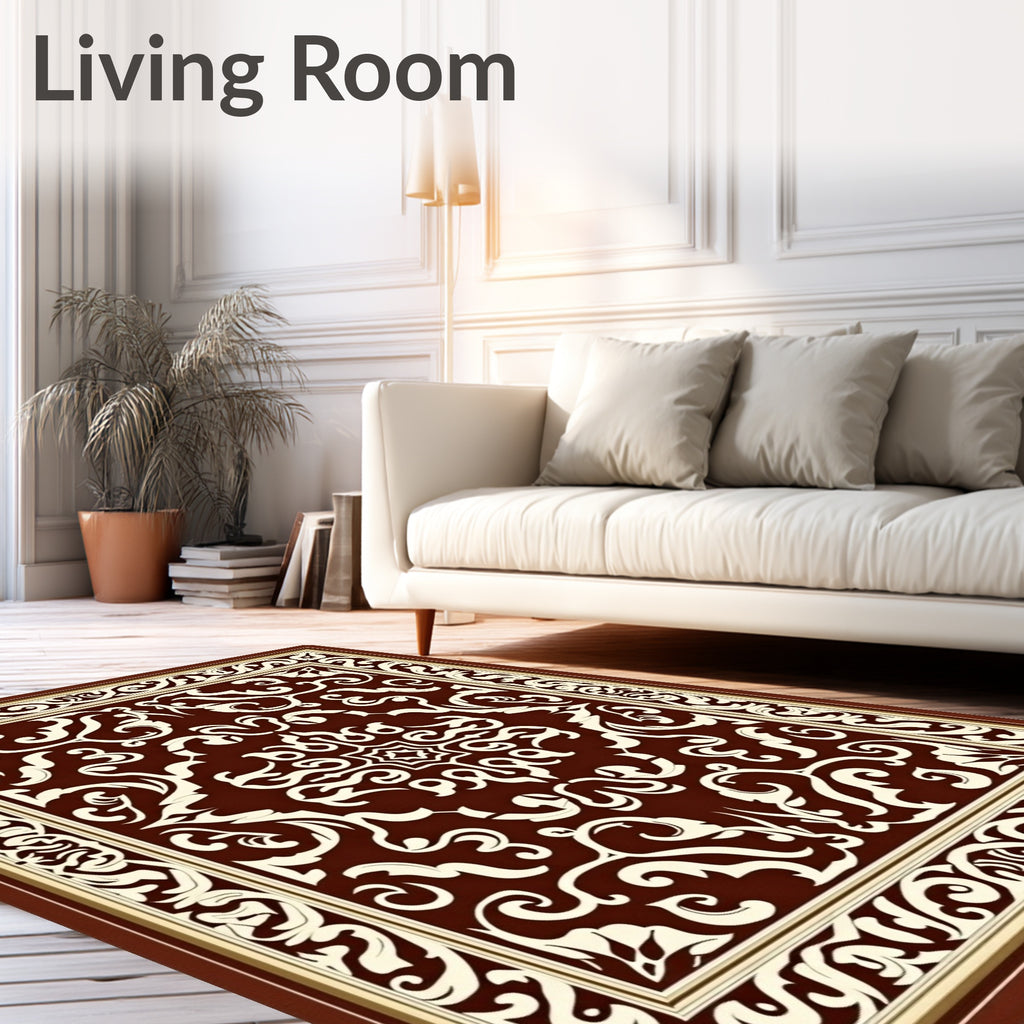 Dark Red Cream Damask Scroll Medallion Rug