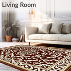 Dark Red Cream Damask Scroll Medallion Rug