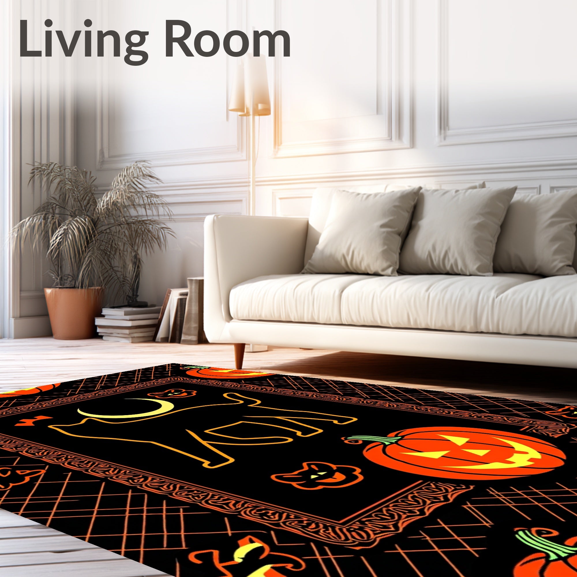 Black Orange Cat Moon Pumpkin Rug