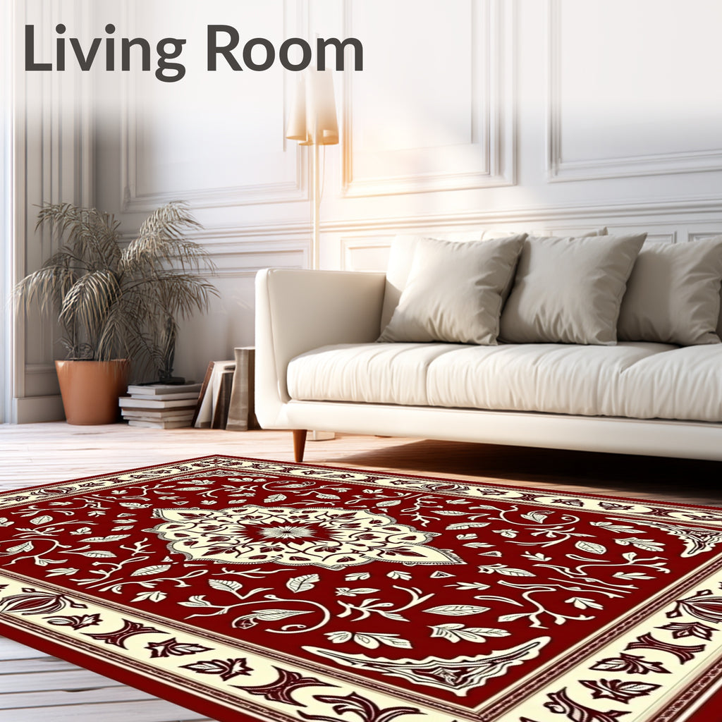 Rich Red Ivory Floral Vine Rug