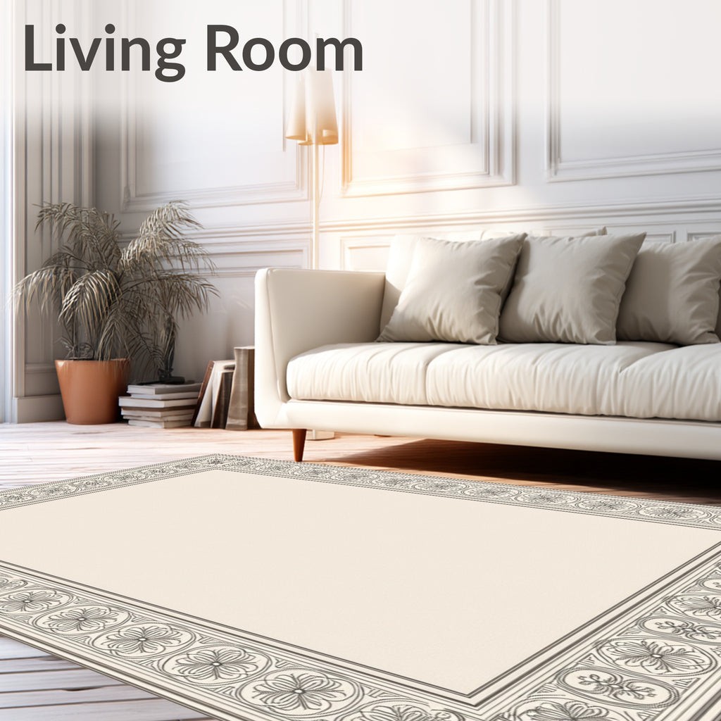 Elegant Ivory Floral Scroll Border Rug