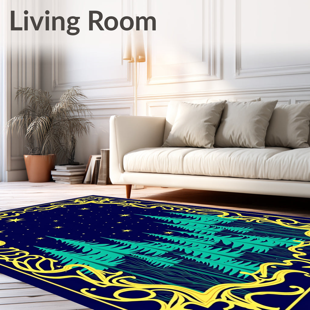 Midnight Forest Stars Golden Frame Rug