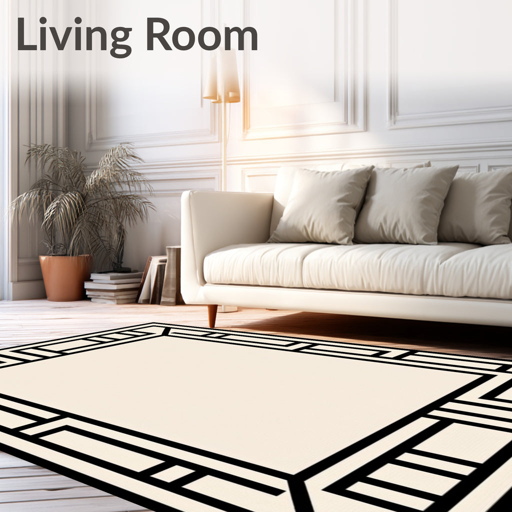 Cream Black Abstract Geometric Frame Rug