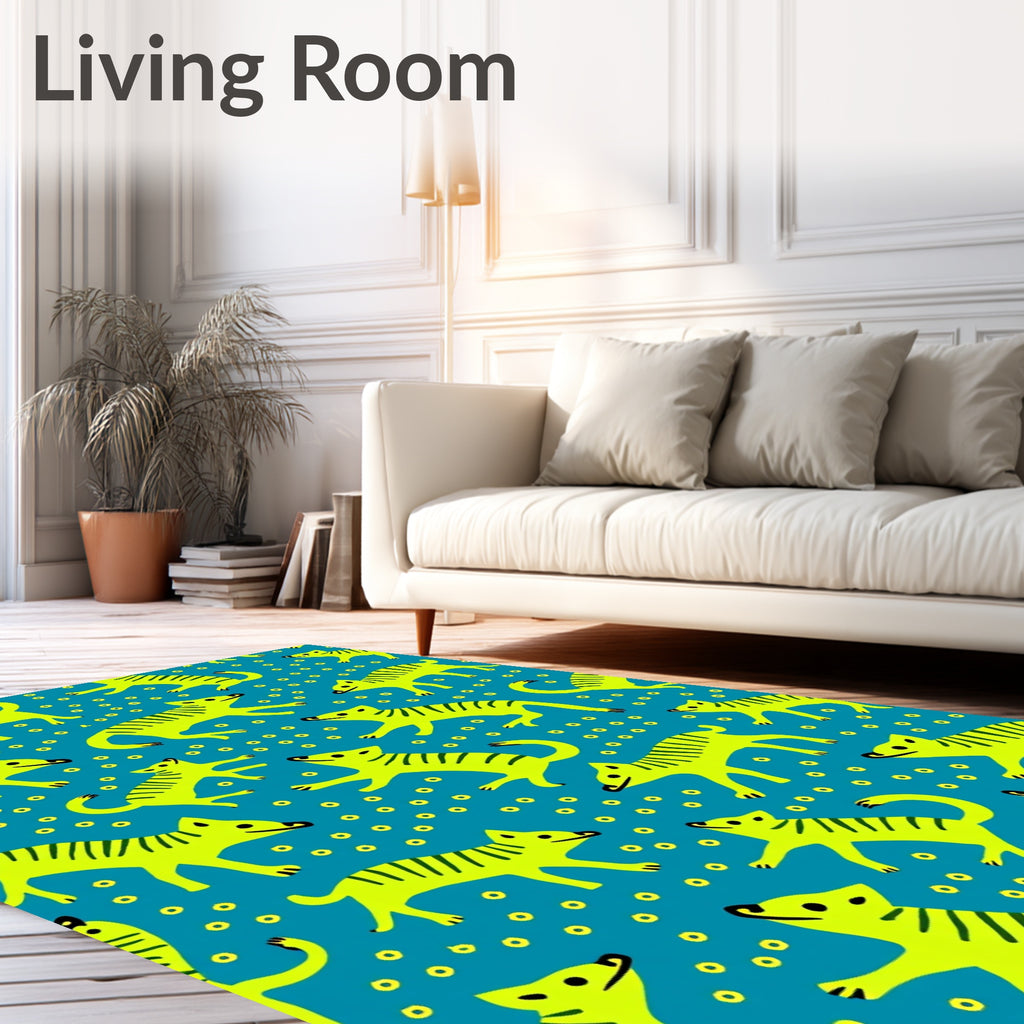 Vibrant Yellow Striped Canines Blue Field Rug