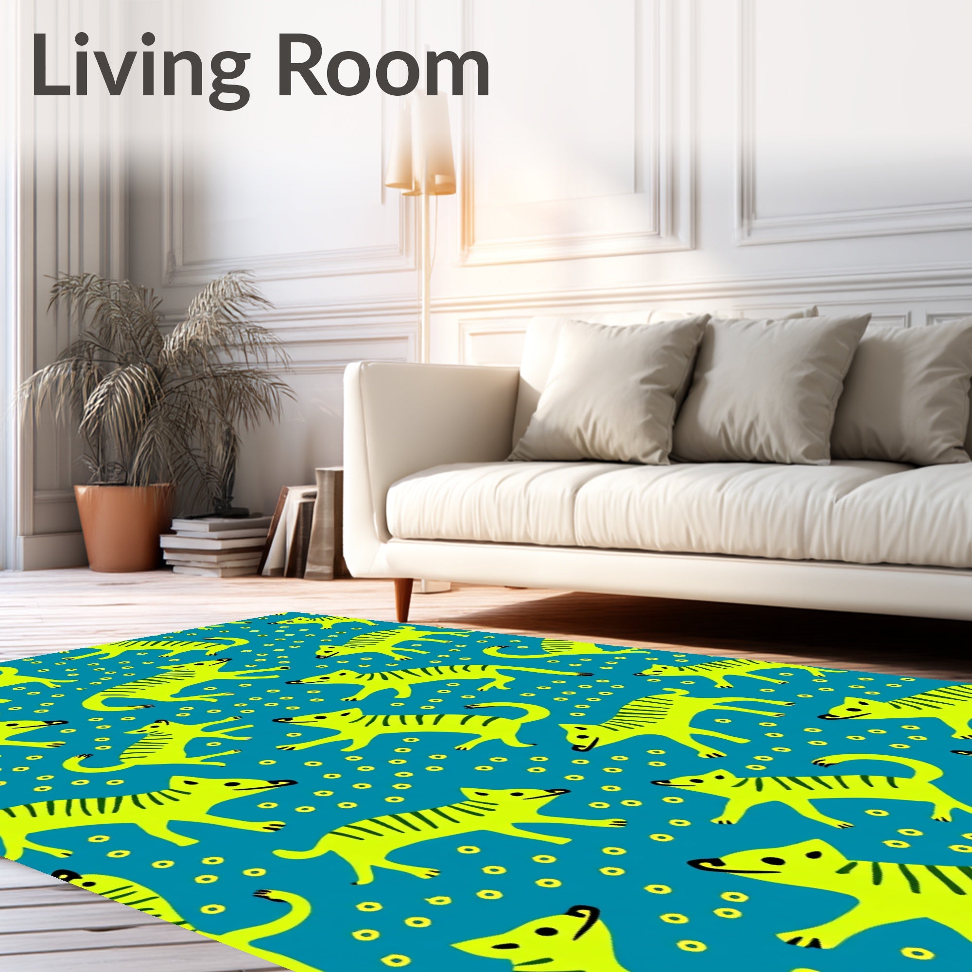 Vibrant Yellow Striped Canines Blue Field Rug