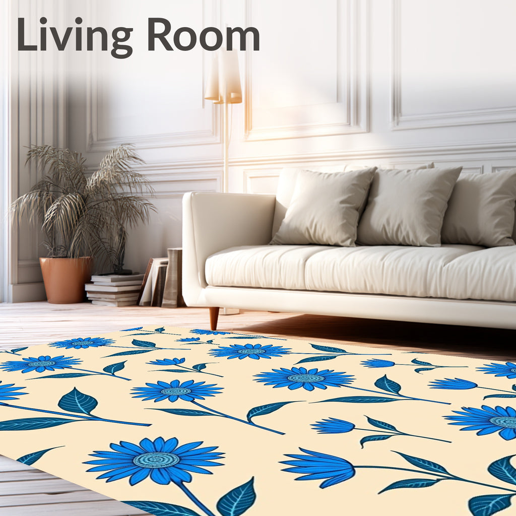 Vibrant Blue Daisy Garden Pattern Rug