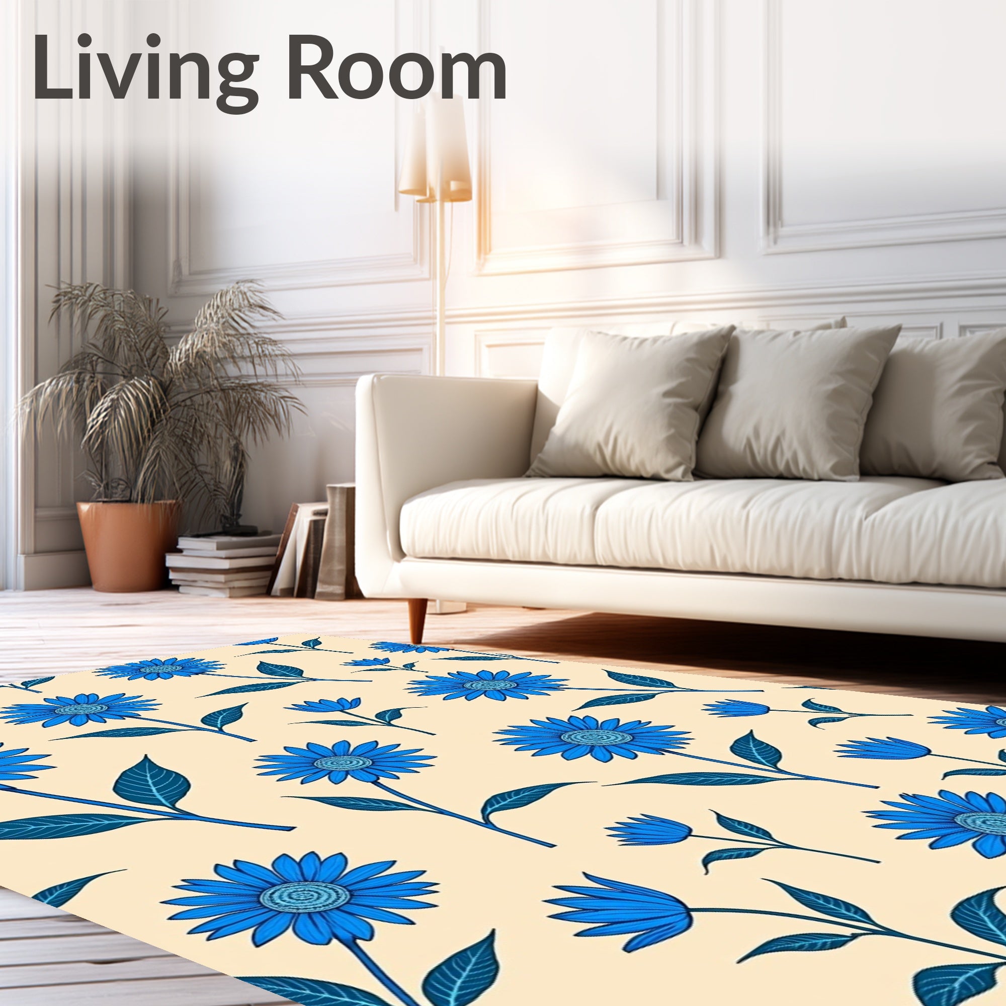 Vibrant Blue Daisy Garden Pattern Rug