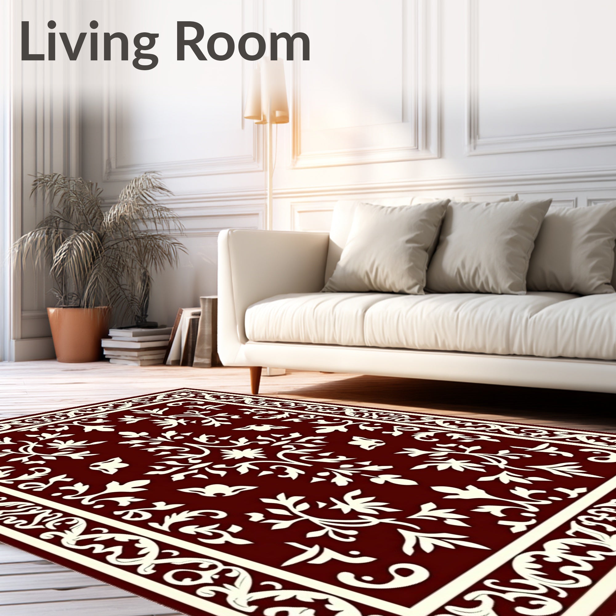 Deep Red Ivory Floral Vine Medallion Rug