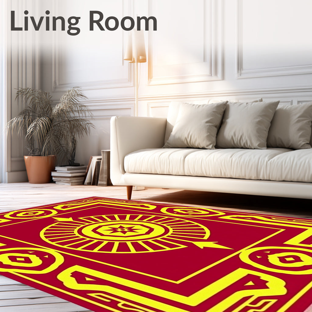 Crimson Yellow Geometric Sunburst Rug