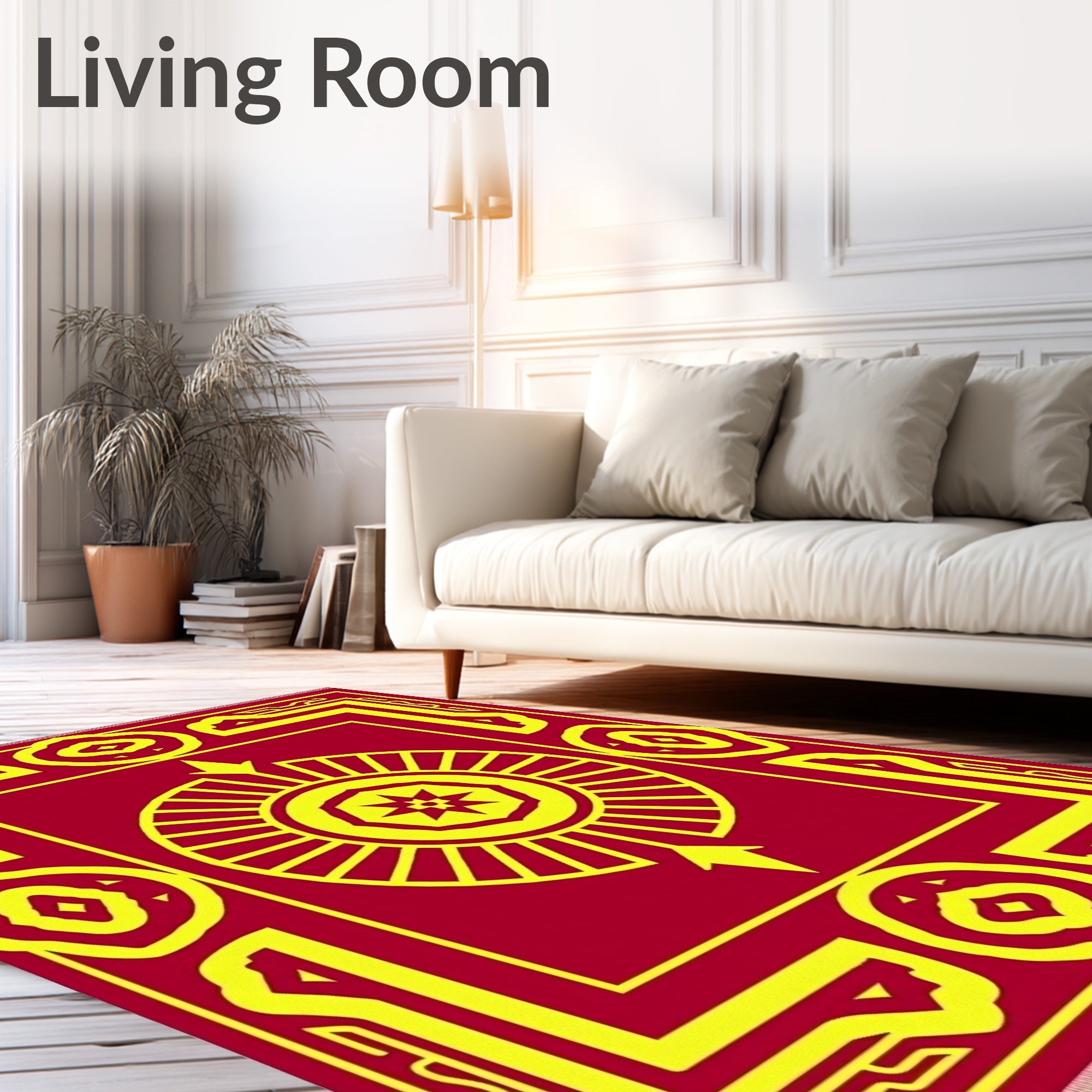 Crimson Yellow Geometric Sunburst Rug