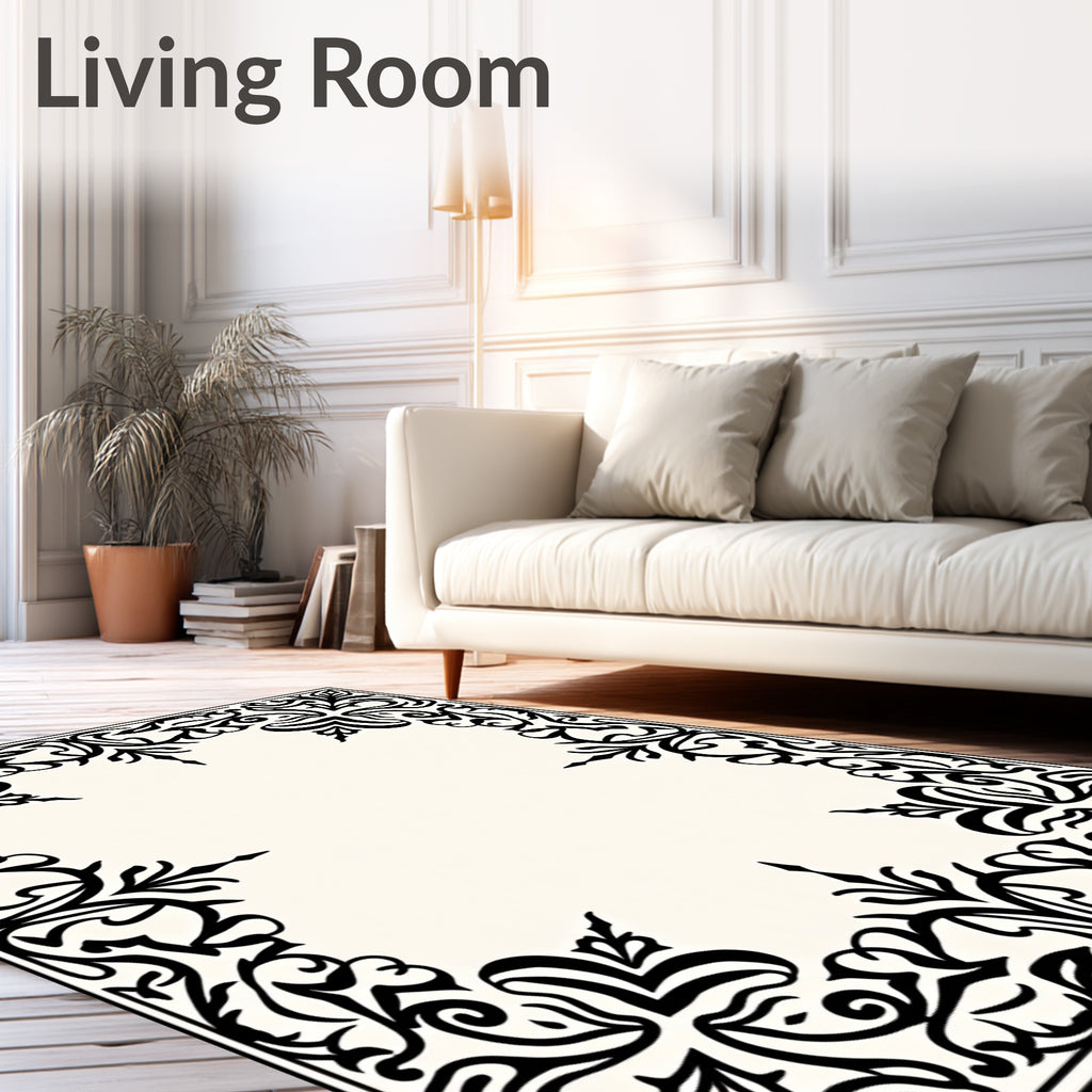Elegant Black White Floral Arabesque Border Rug