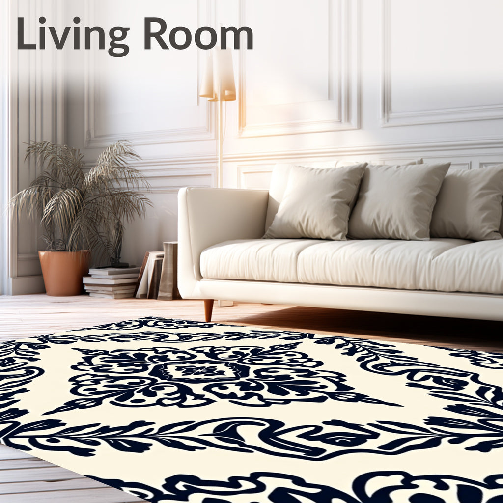 Dark Damask Floral Ivory Medallion Rug