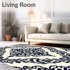 Dark Damask Floral Ivory Medallion Rug