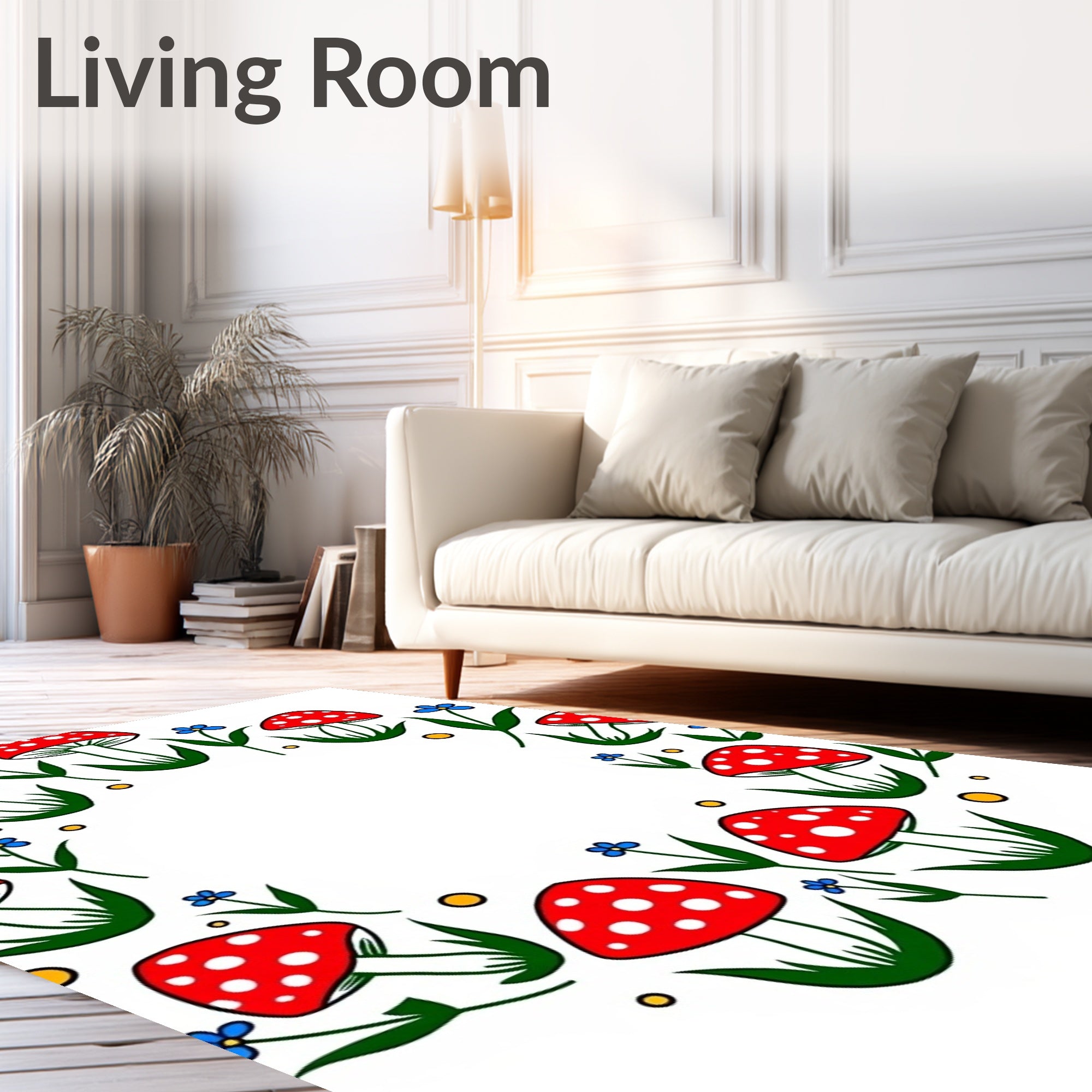 Whimsical Red Mushroom Blue Flower Meadow Rug