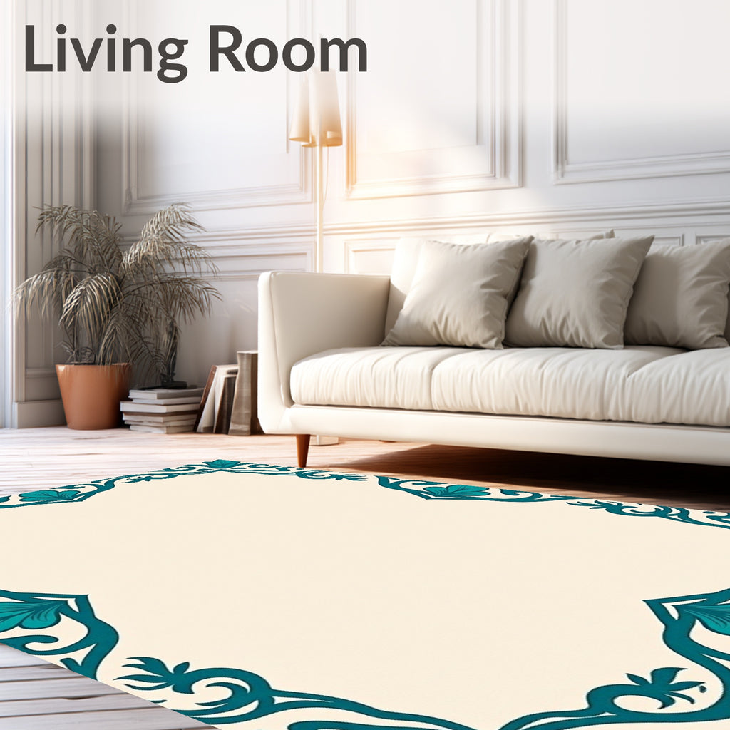Elegant Teal Floral Scroll Border Rug