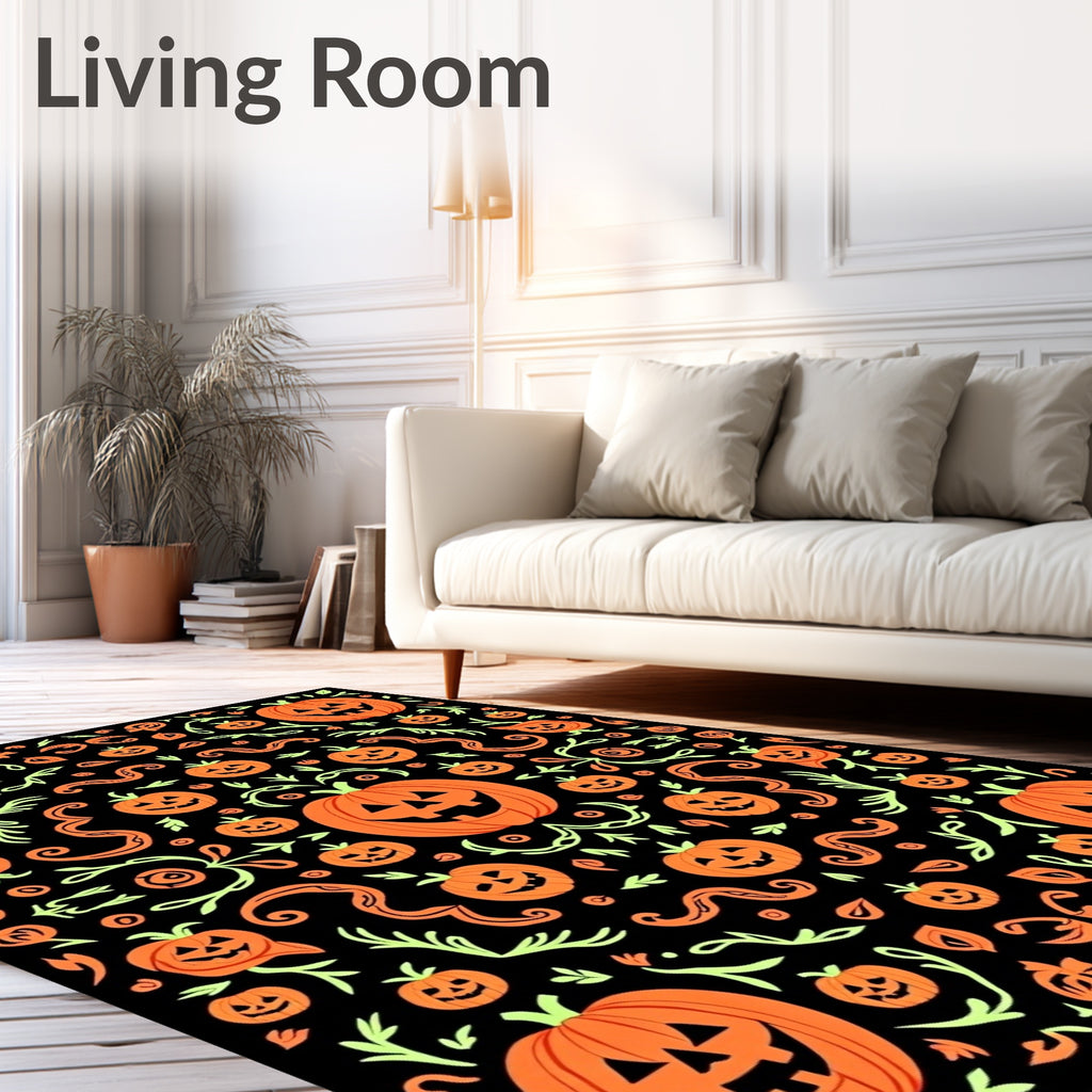 Orange Pumpkin Black Halloween Vines Rug