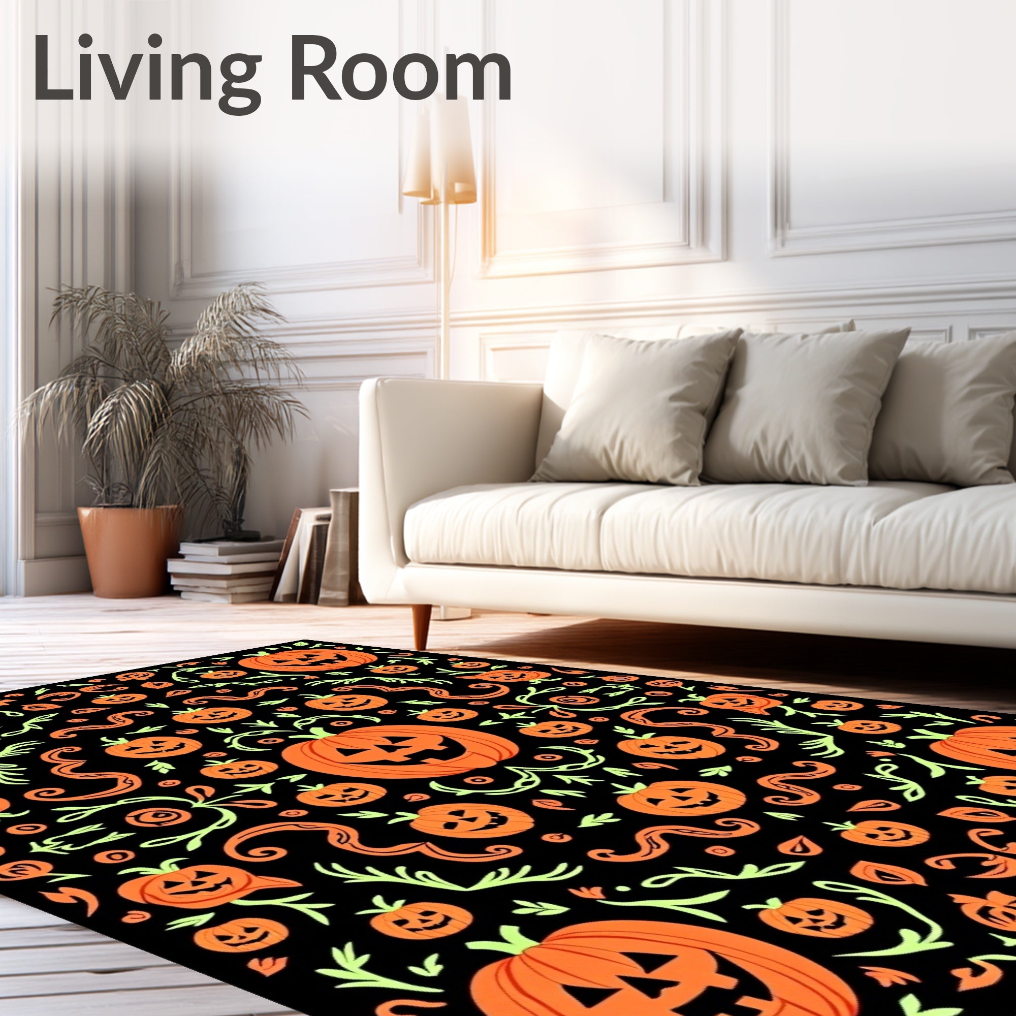 Orange Pumpkin Black Halloween Vines Rug