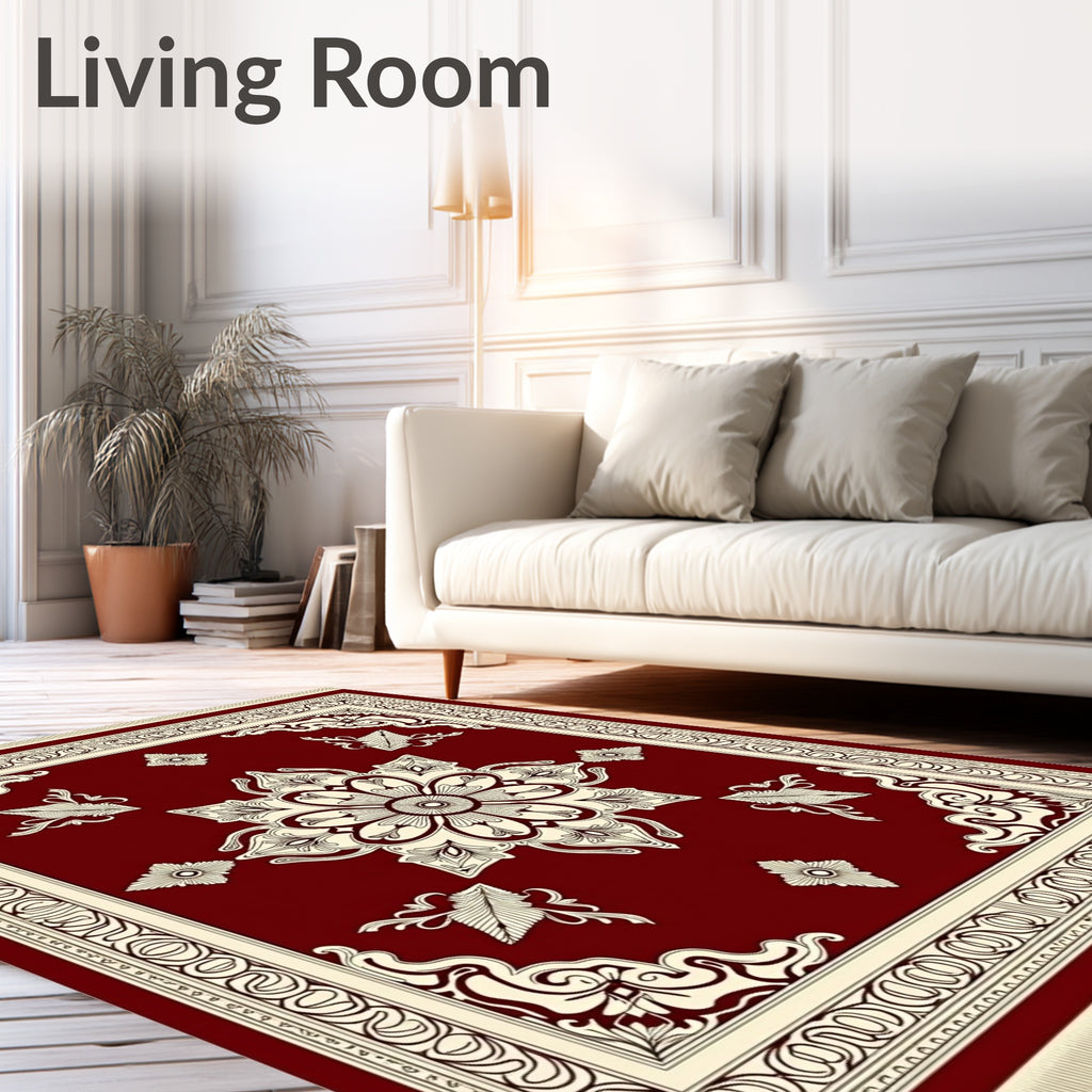 Deep Crimson Floral Medallion Border Rug