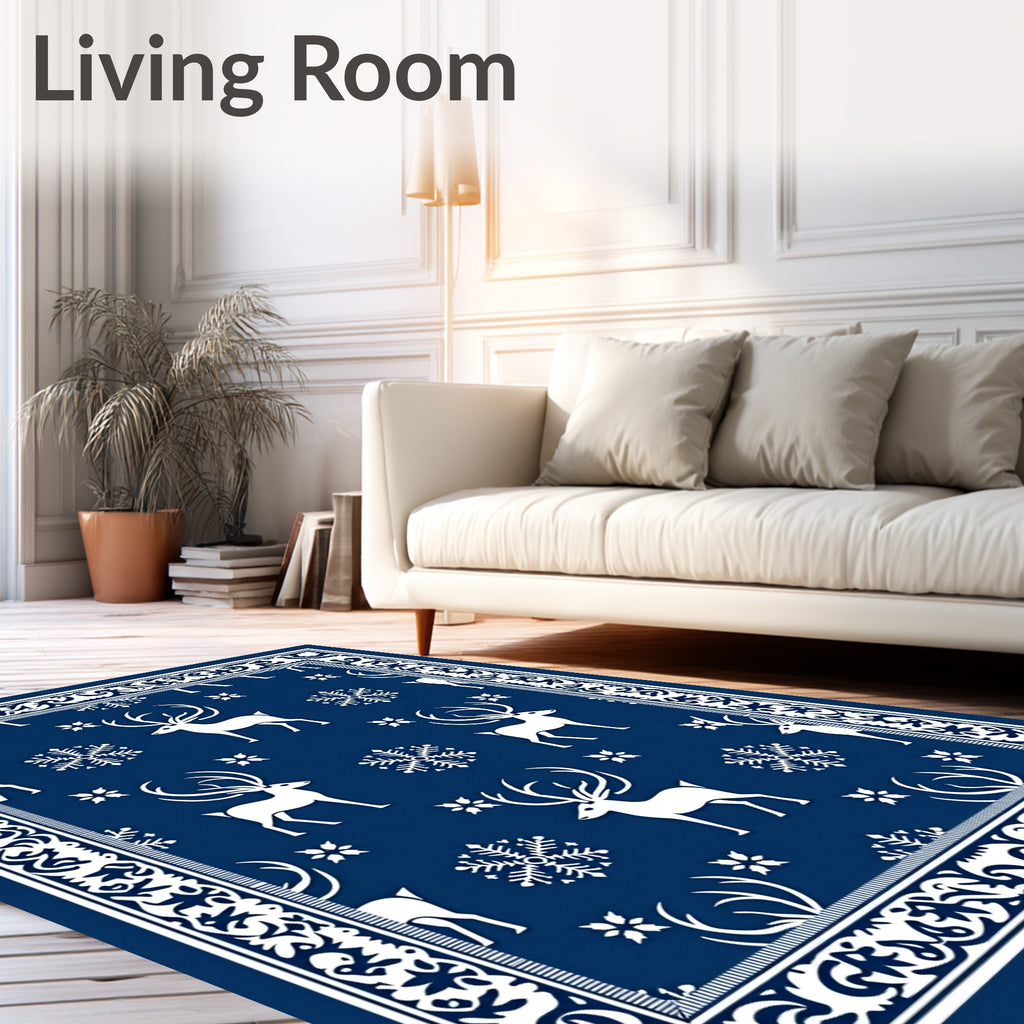 Navy White Winter Reindeer Snowflakes Border Rug