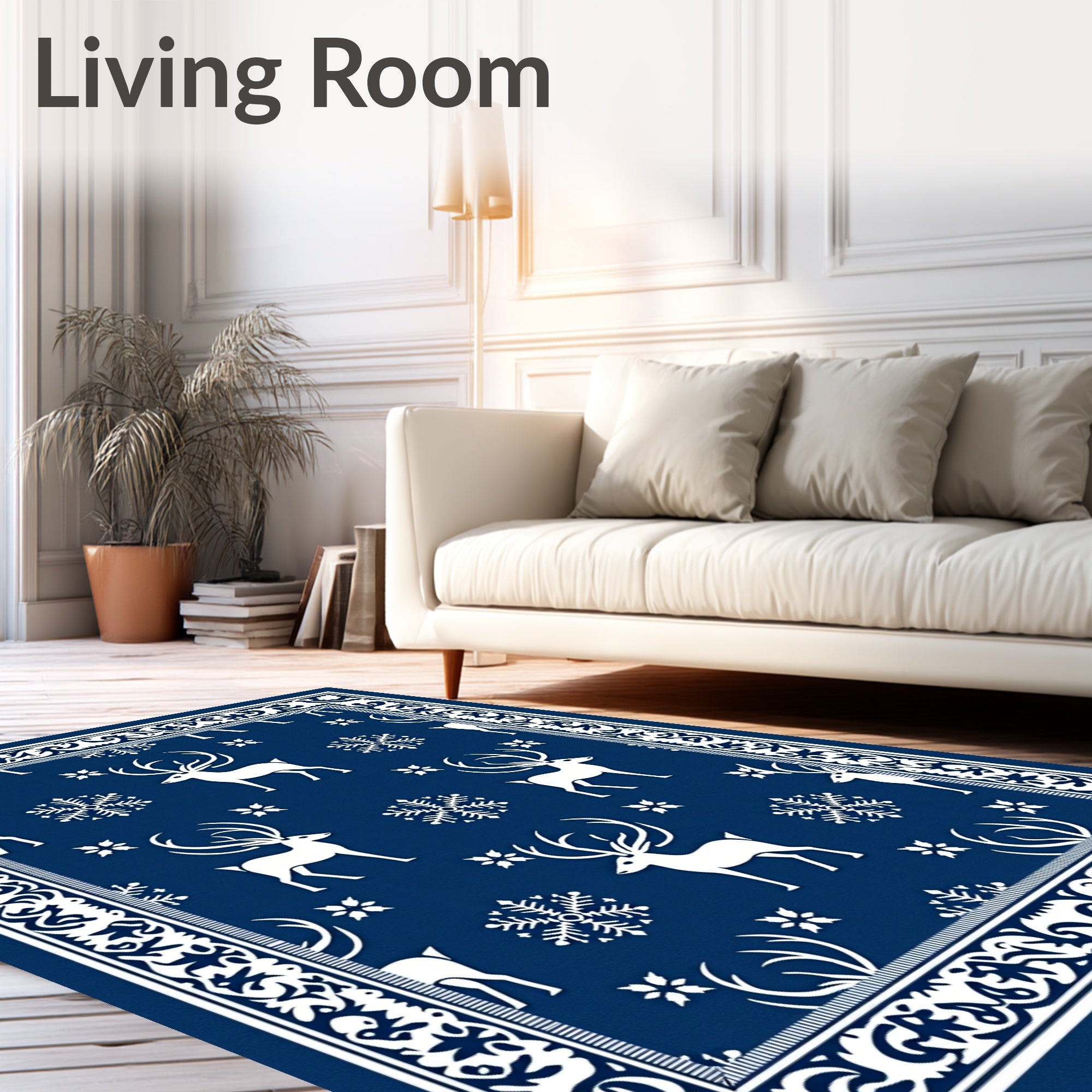 Navy White Winter Reindeer Snowflakes Border Rug