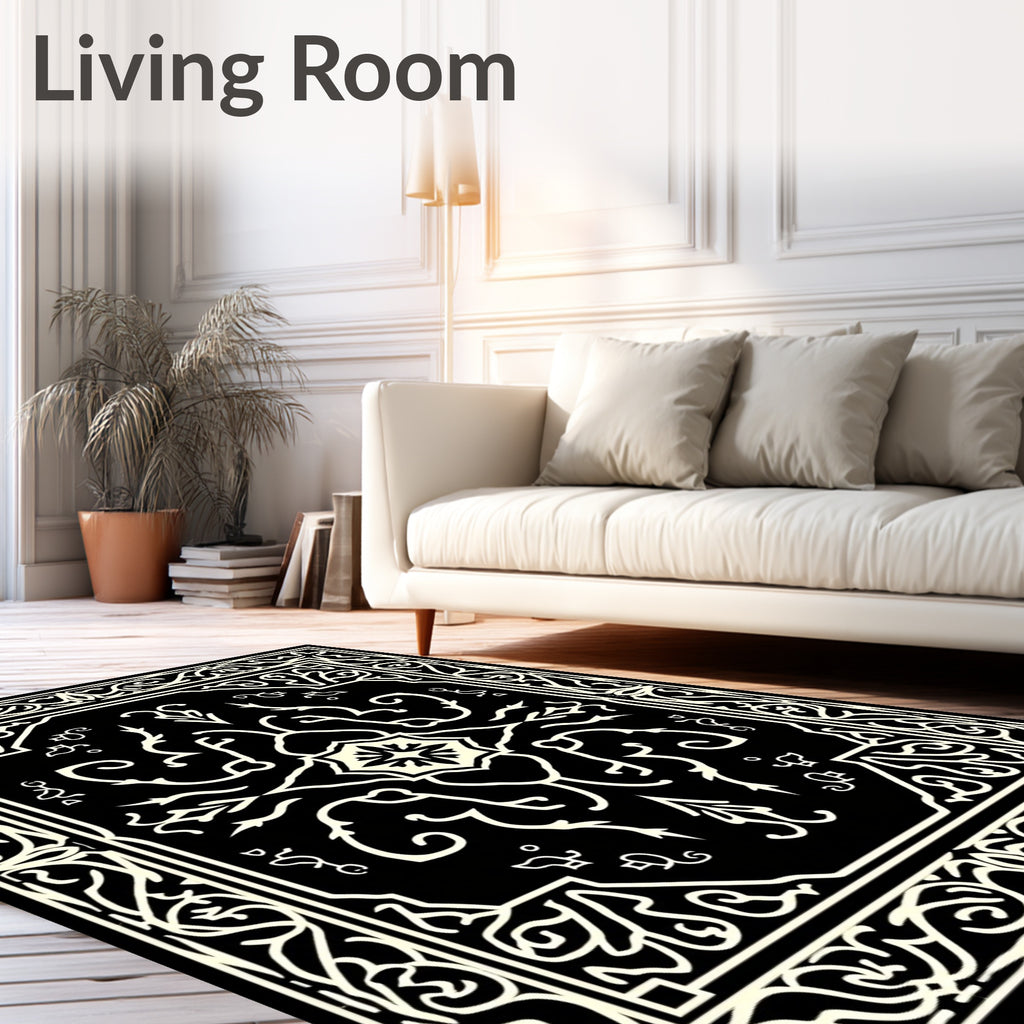 Cream Black Damask Ornamental Rug