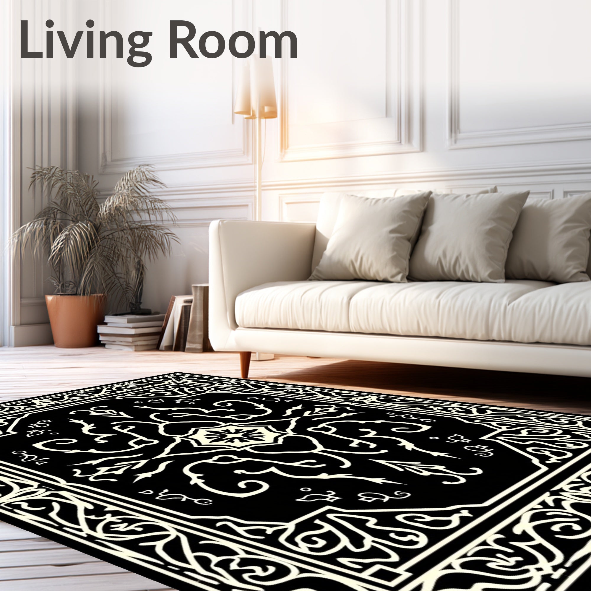 Cream Black Damask Ornamental Rug