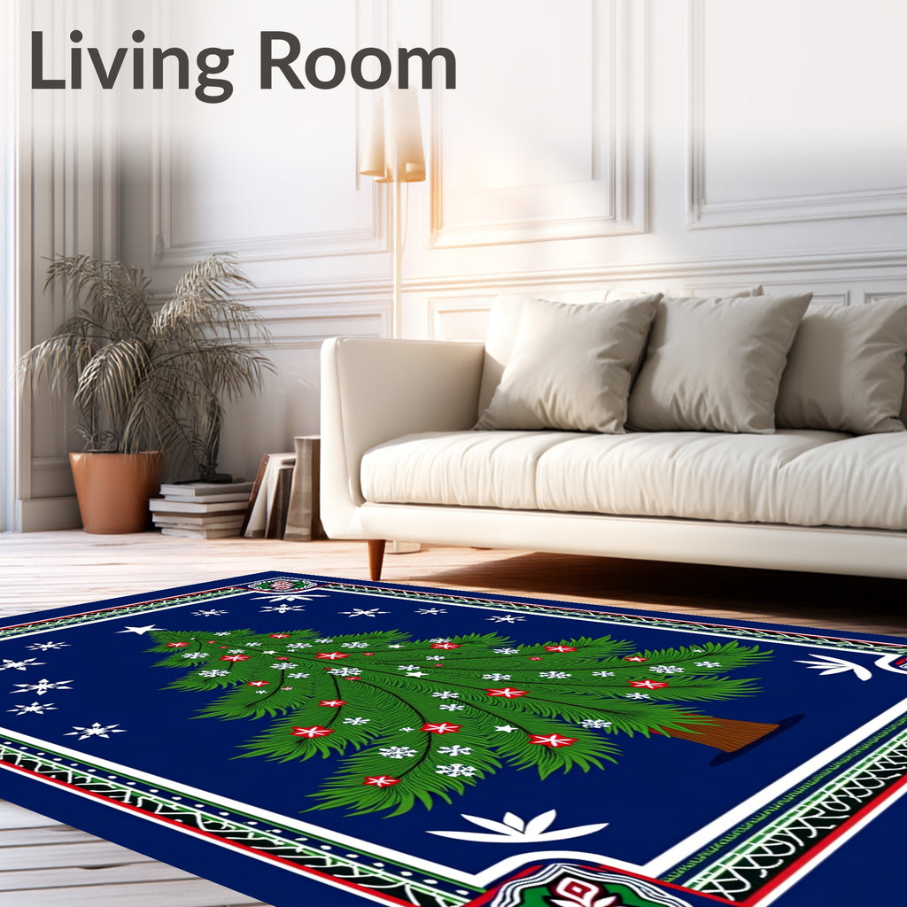 Festive Green Christmas Tree Snowflakes Rug