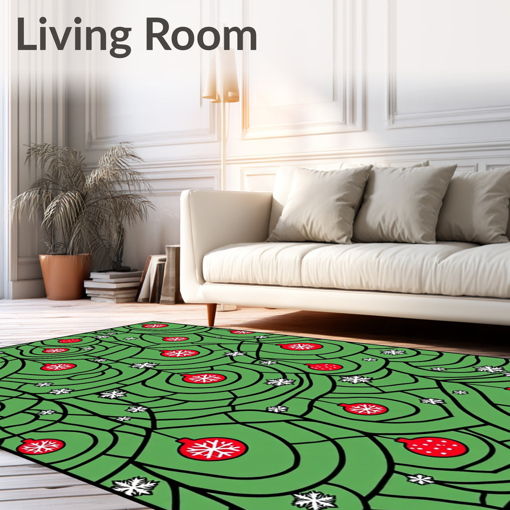 Red Bauble Snowflake Branches Rug