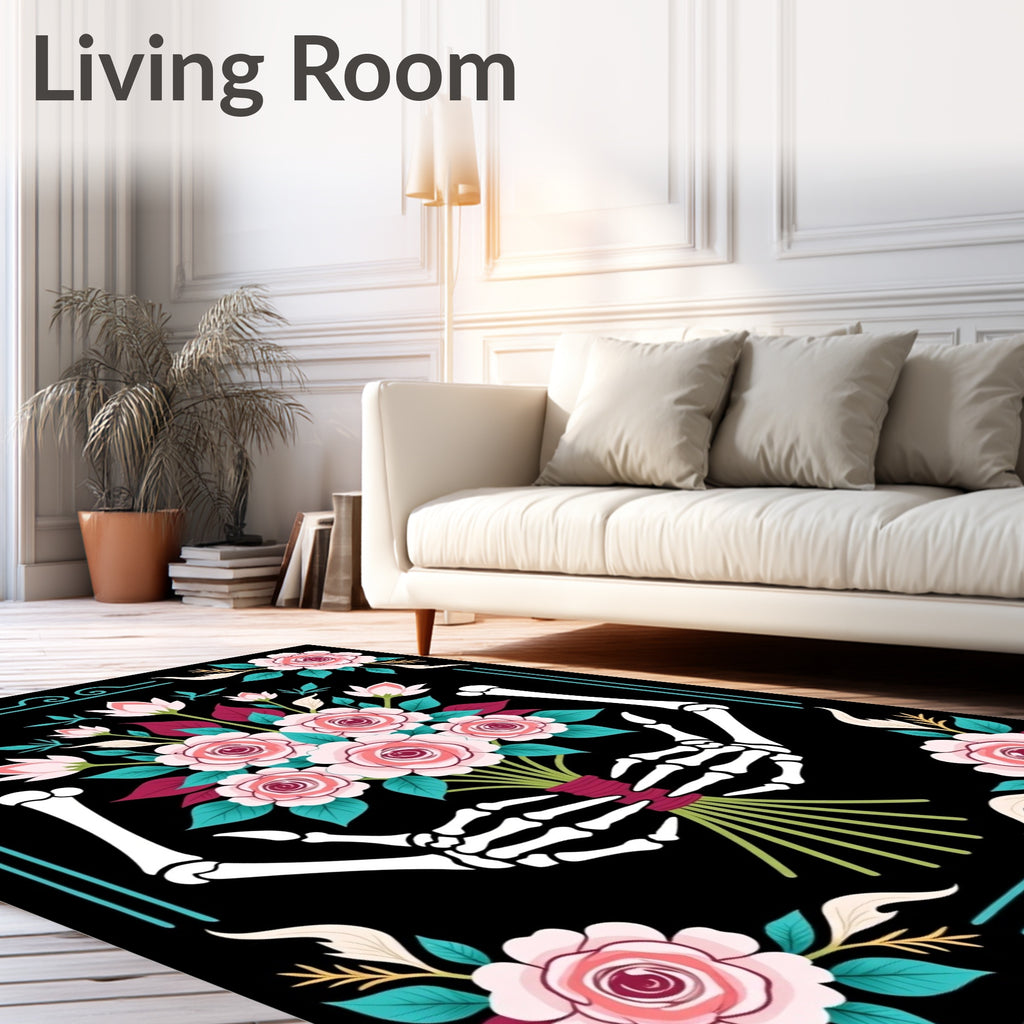 Skeleton Hands Holding Pink Roses Bouquet Rug