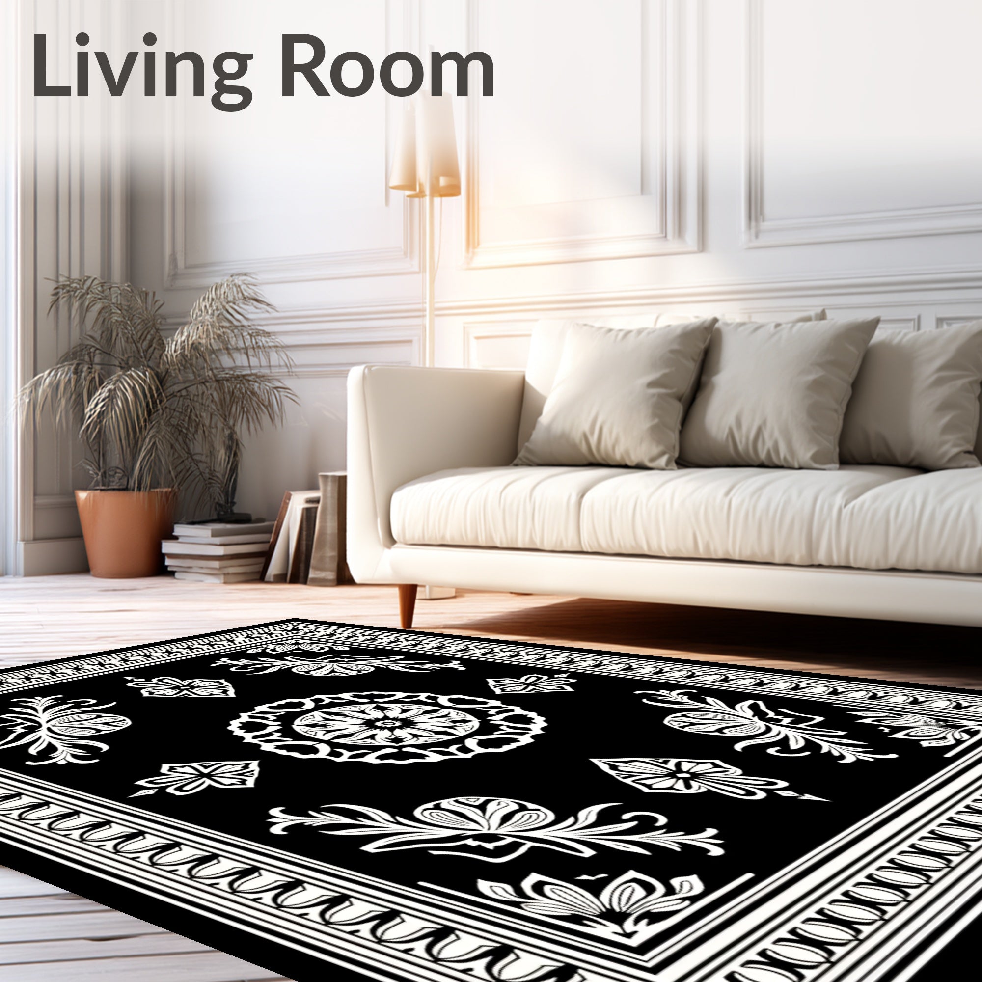 Ornate Black White Ornamental Scroll Rug