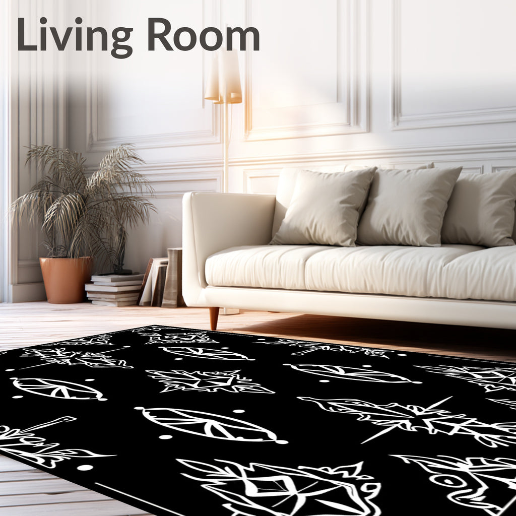 Black White Abstract Floral Medallion Rug