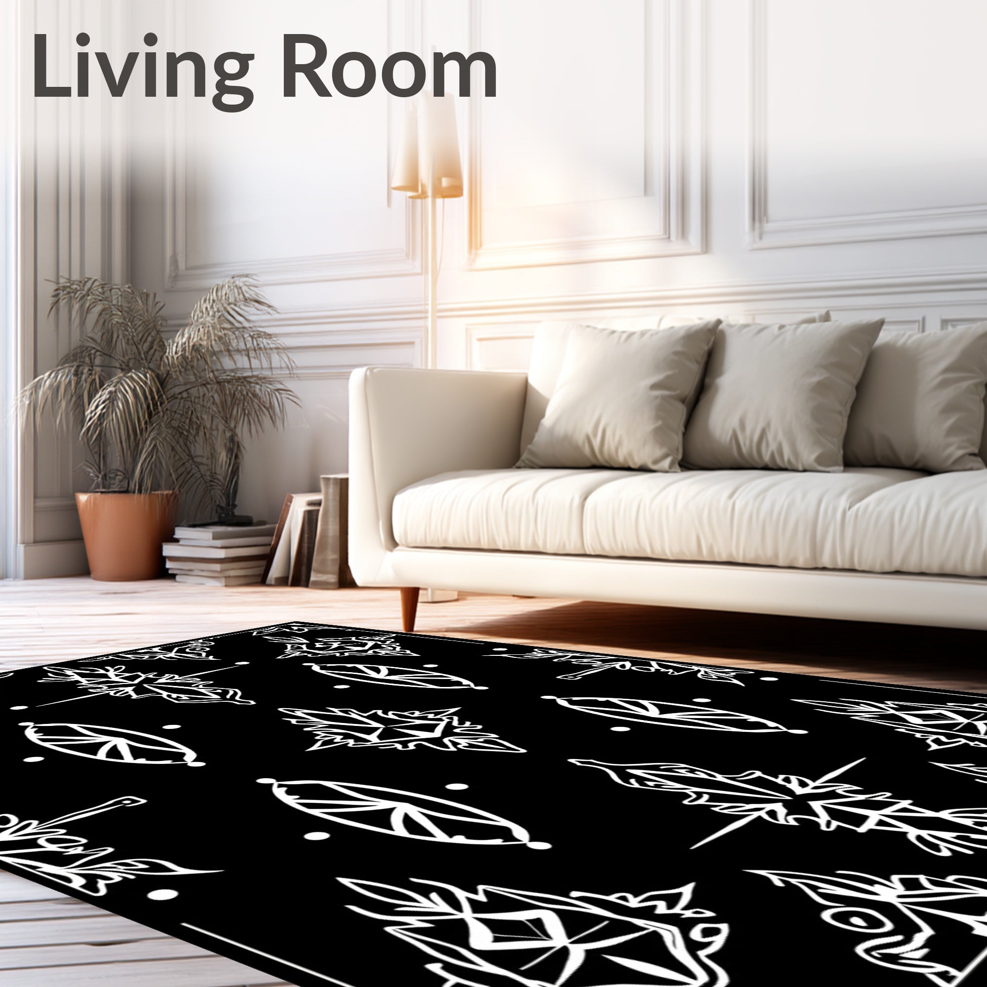 Black White Abstract Floral Medallion Rug