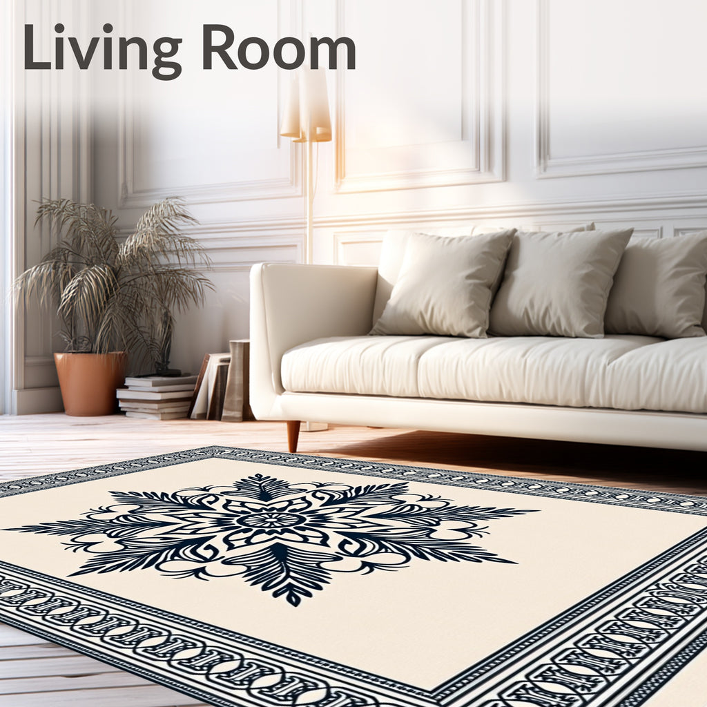 Deep Navy Floral Medallion Ivory Frame Rug