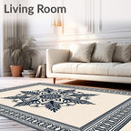 Deep Navy Floral Medallion Ivory Frame Rug