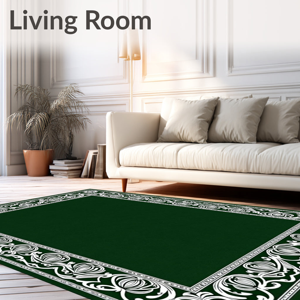 Elegant Emerald Green Floral Border Rug