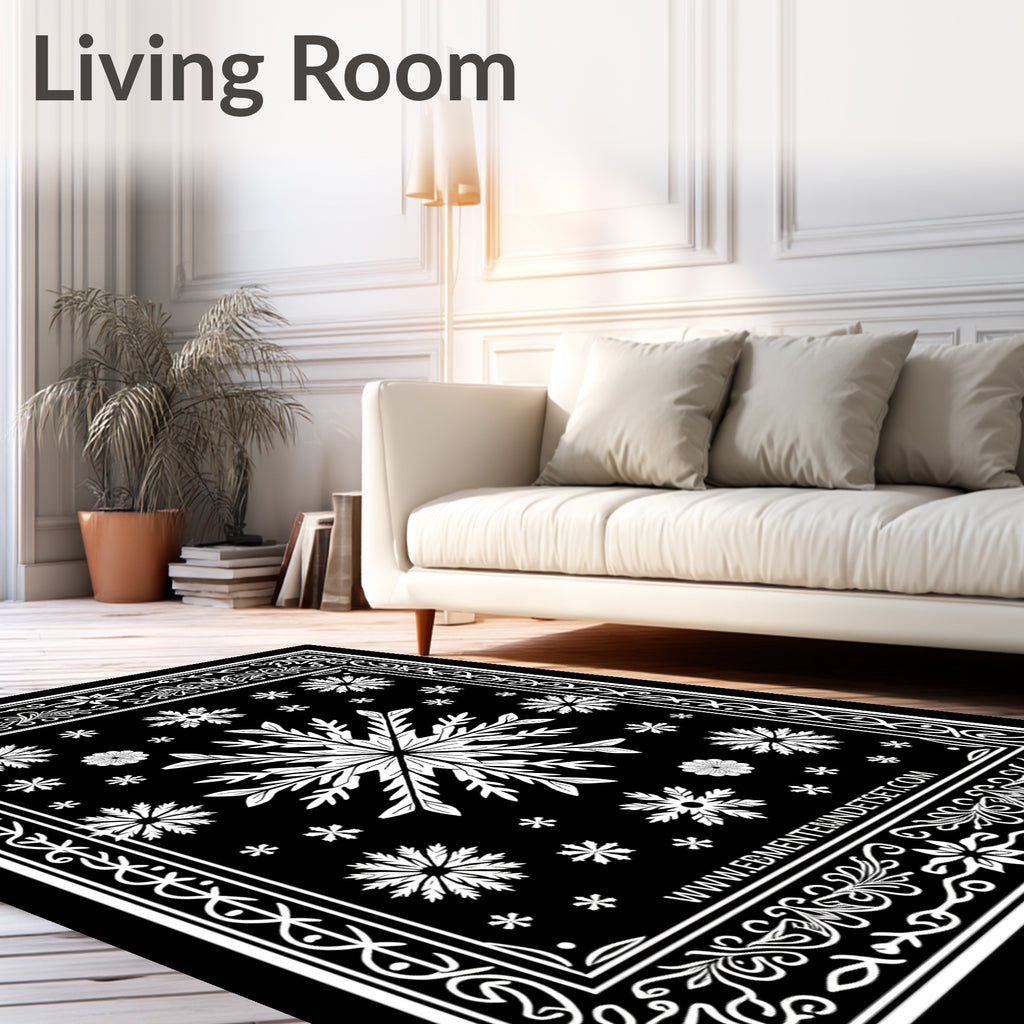 Black White Snowflake Mandala Border Rug