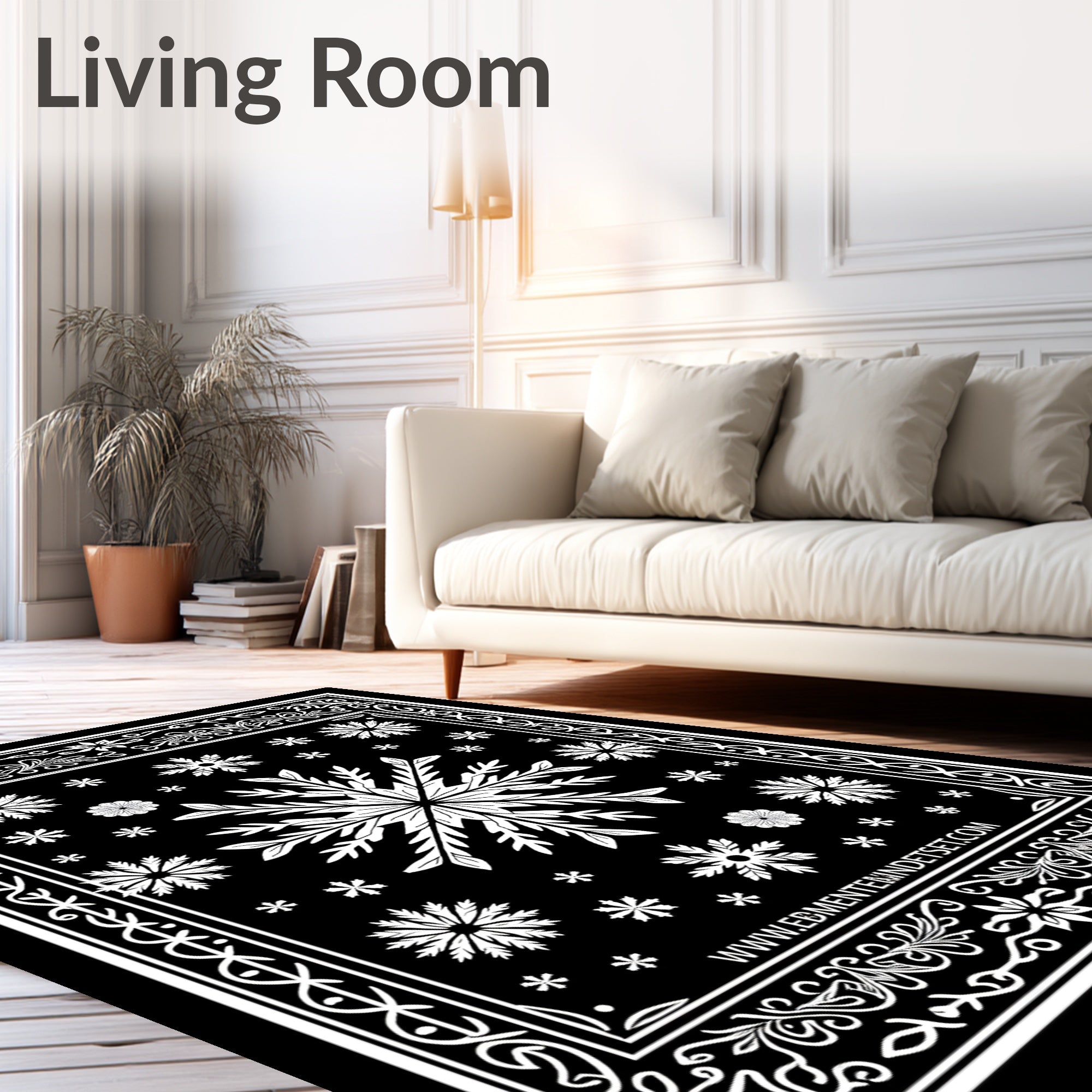 Black White Snowflake Mandala Border Rug