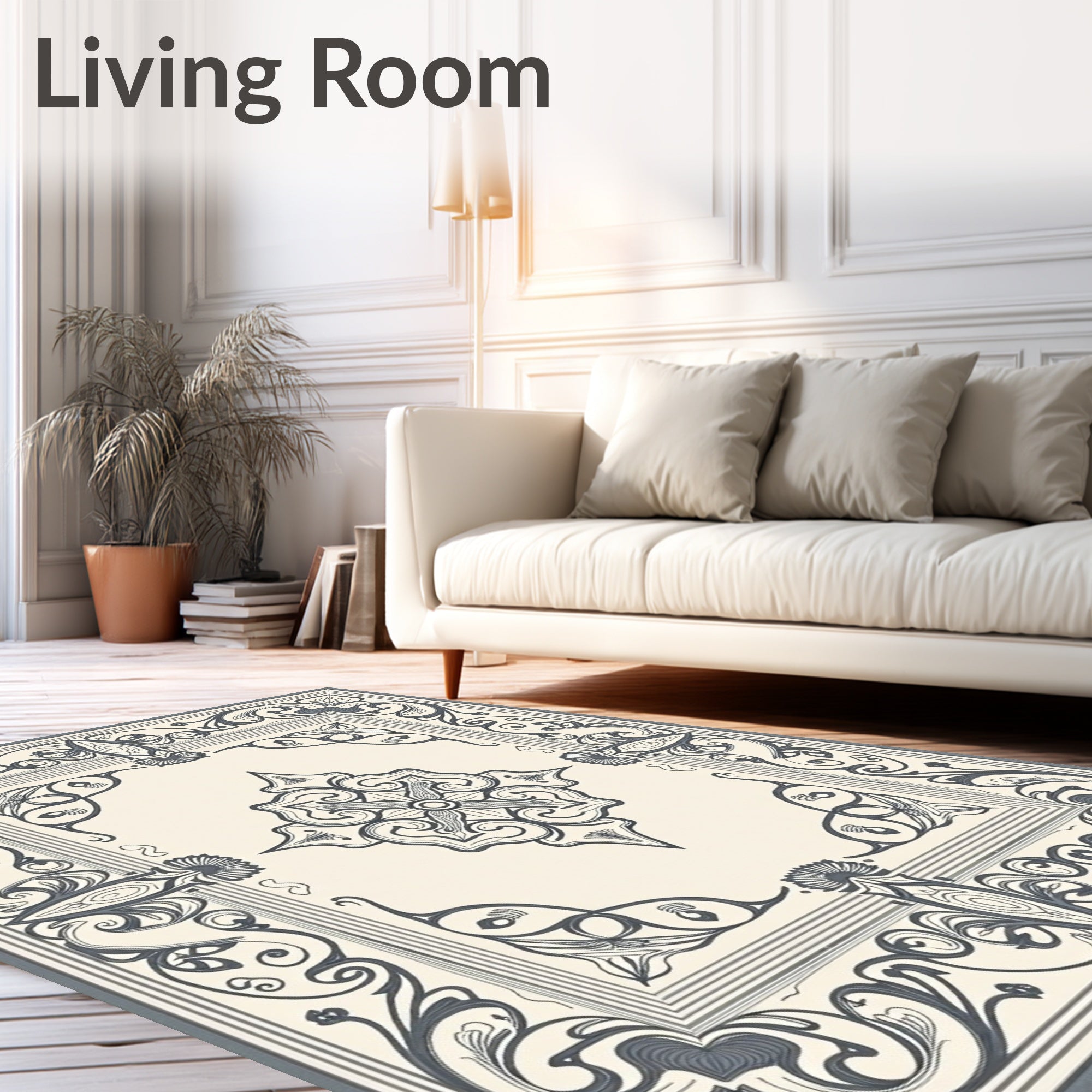 Vintage Cream Gray Floral Border Rug