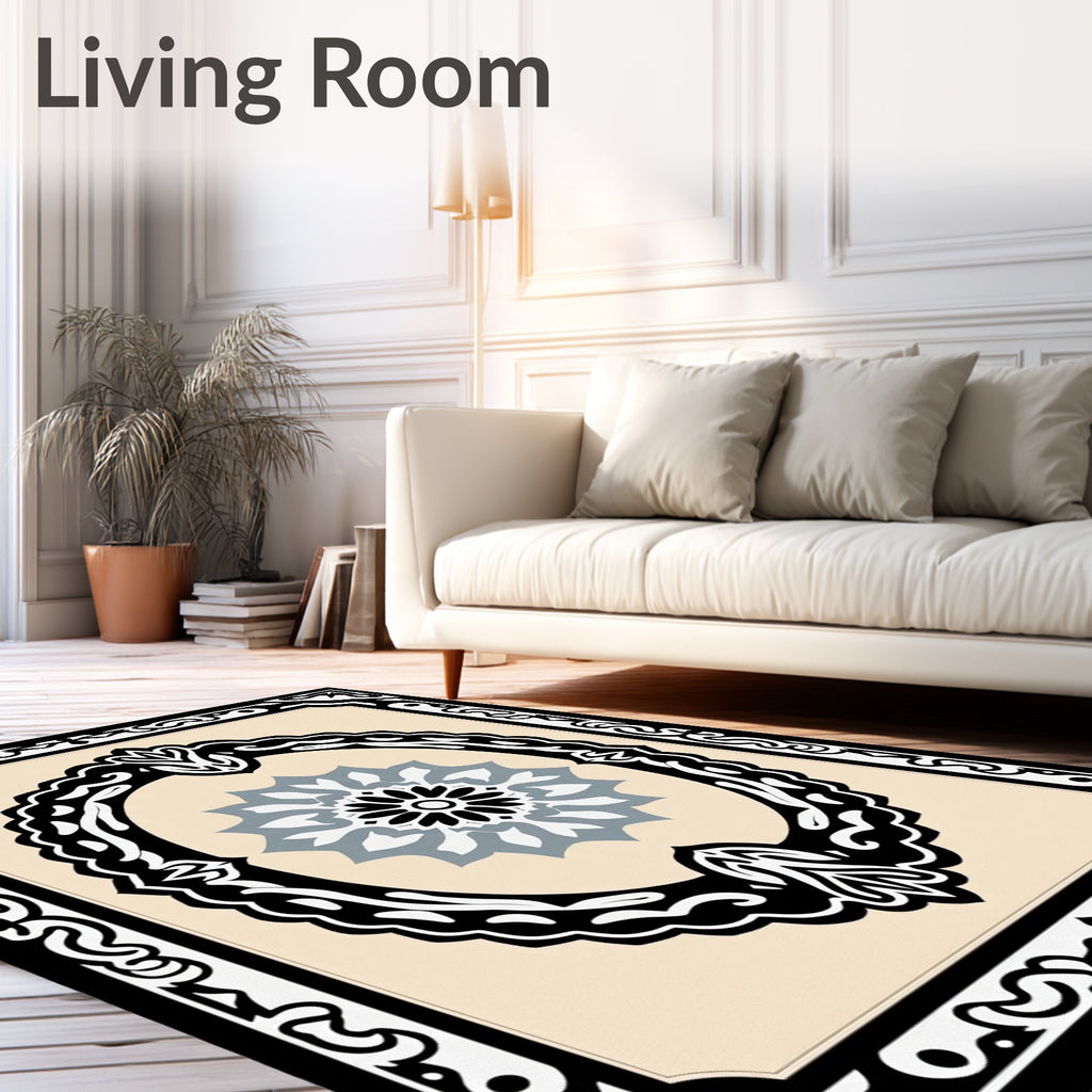Black Oval Frame With Cream Medallion Rug