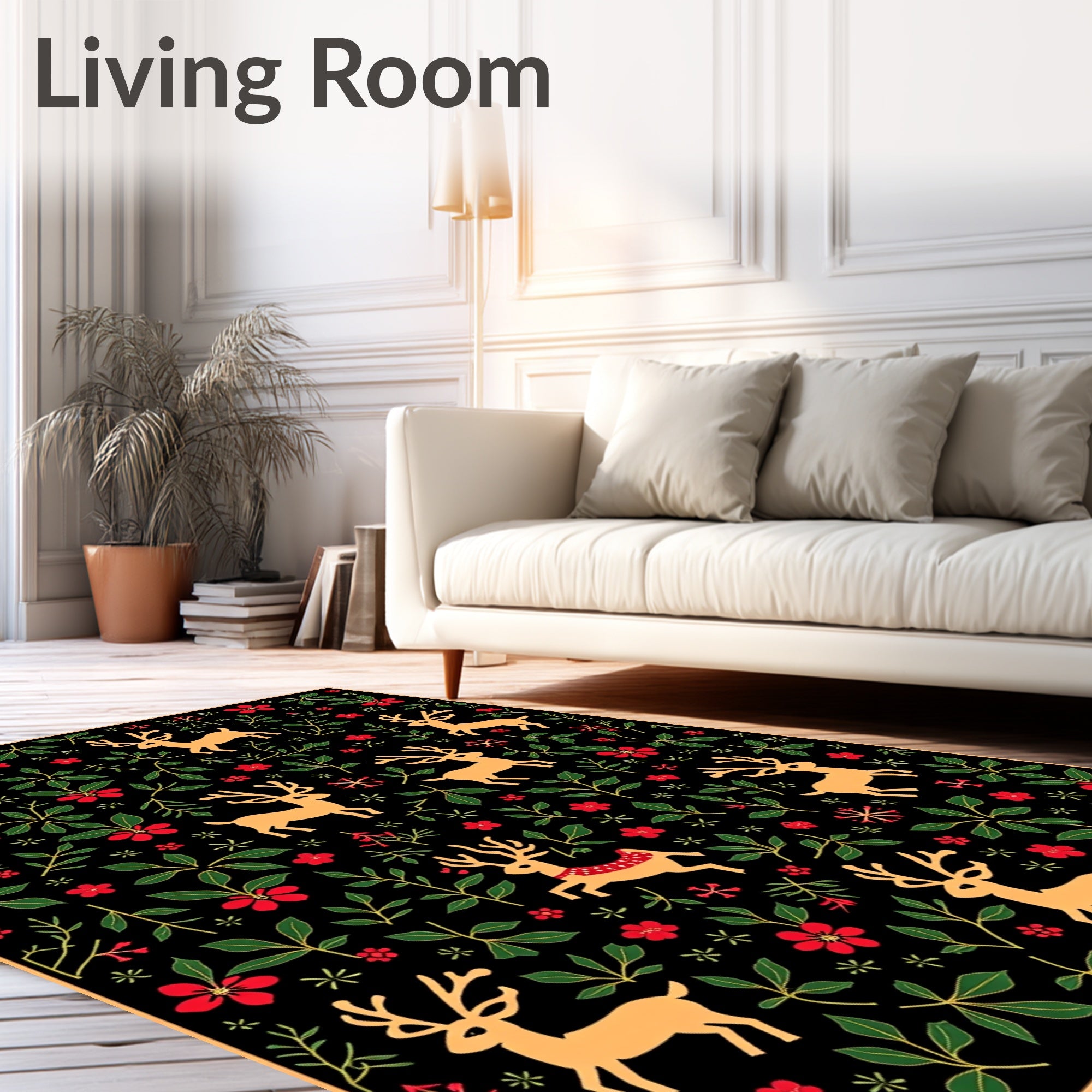 Gold Deer Red Flower Green Foliage Rug