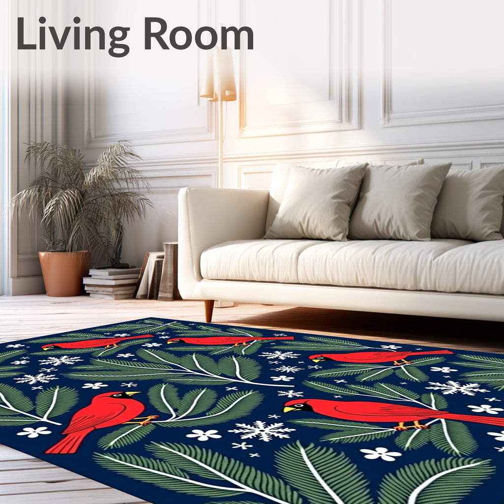 Red Cardinal Winter Branch Snowflake Rug